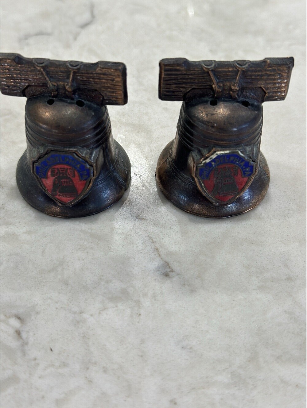 Vintage Metal Liberty Bell Salt and Pepper Shakers 1.75 Inches Tall Set of 2